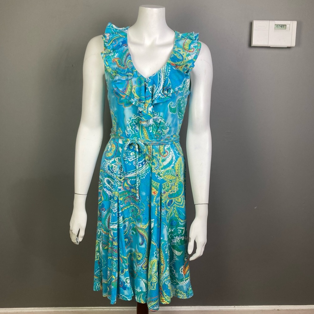 Lauren Ralph Lauren dress medium blue printed ruffle colorful preppy tennis Y2K